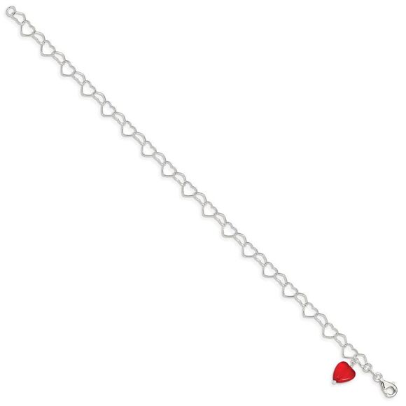 Sterling Silver Orange Red Crystal Heart Link Anklet, 10 Inch - Picture 2 of 5